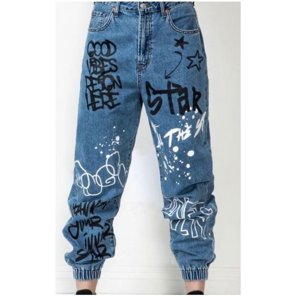 Song Pants - SONG Graffiti Jogger Jeans Women's Size 3/26 Blue Denim Elastic Waist‎ Art